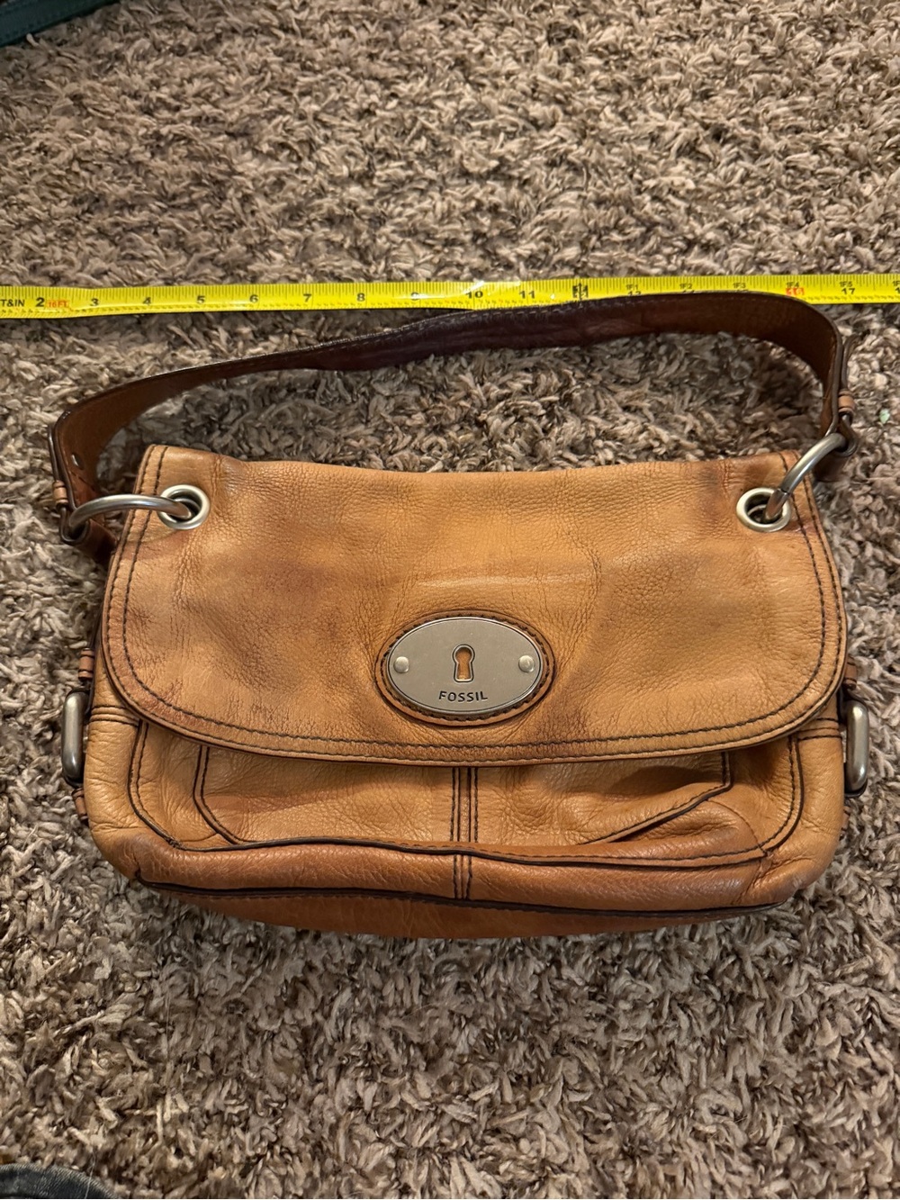 Vintage Fossil Cognac Leather Shoulder Bag Distressed Boho Style